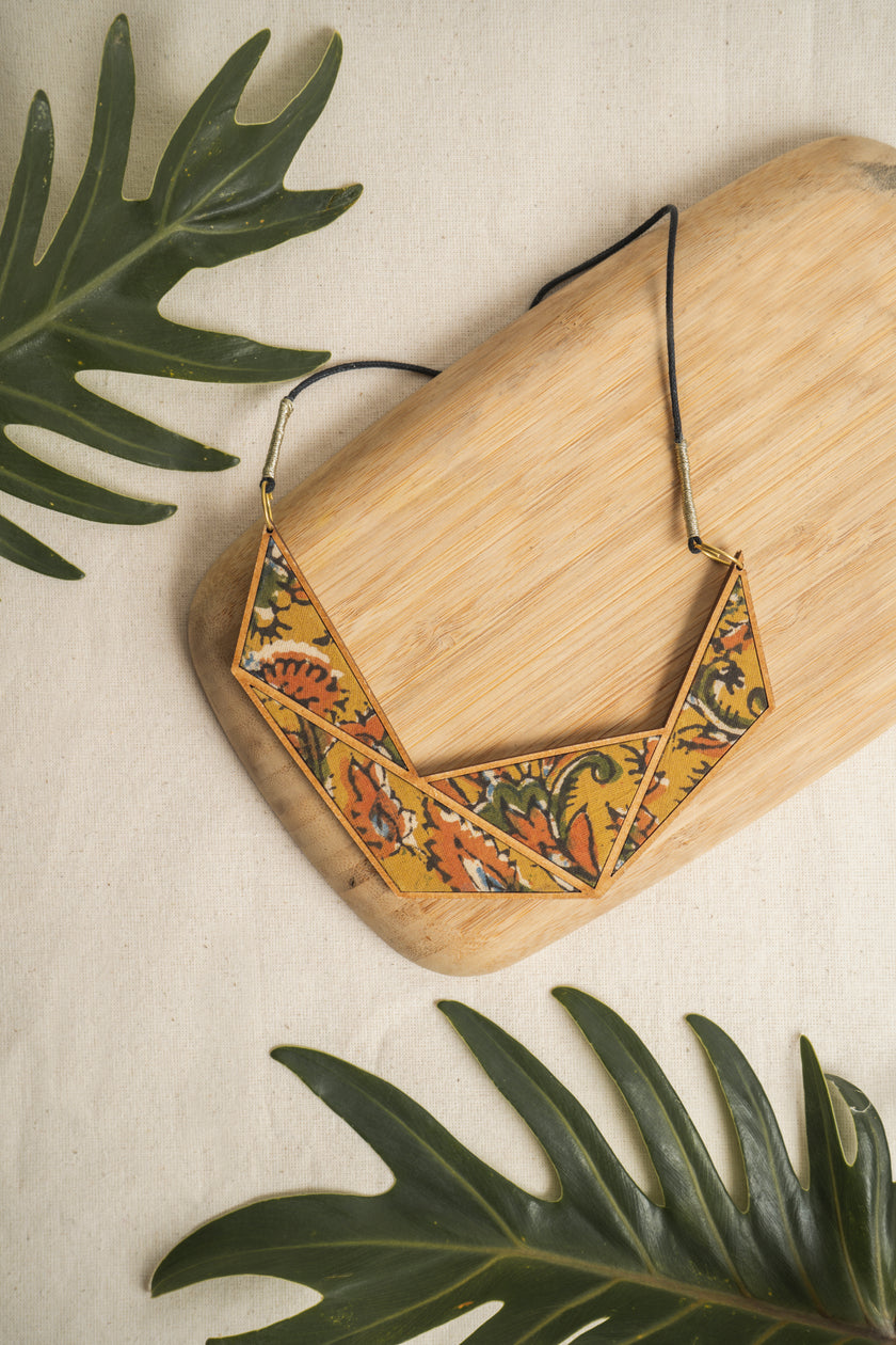 WHE Kalamkari Connecting Triangle Repurposed Fabric and Wood Necklace