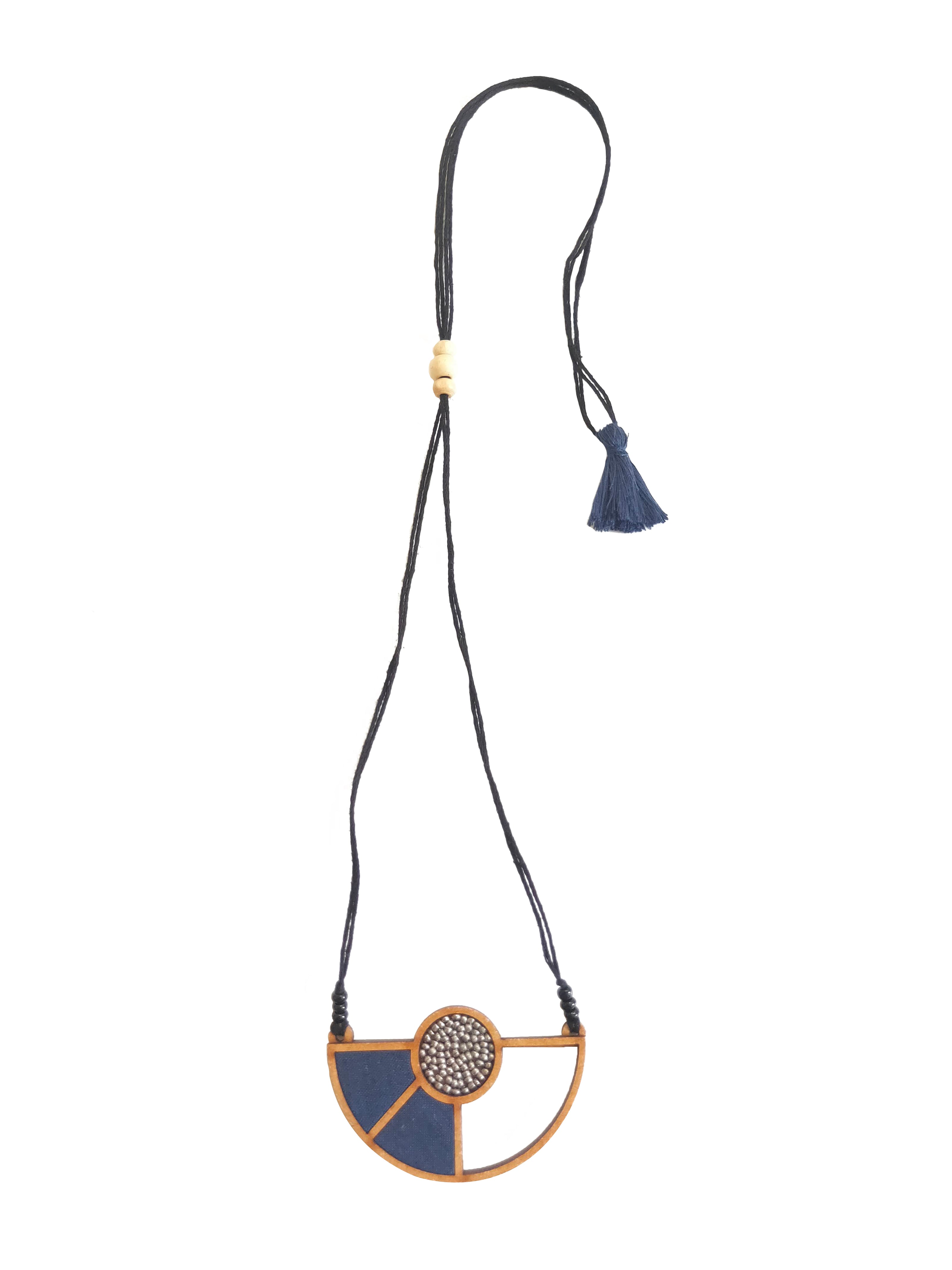 WHE Blue Geometrical Repurposed Fabric and Repurposed Wood Adjustable Pendant Necklace
