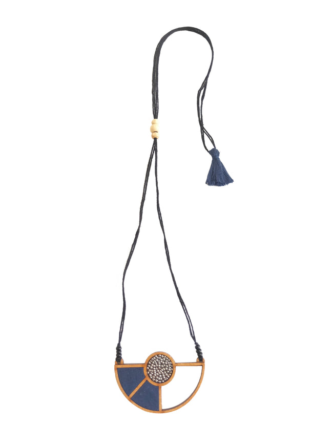 WHE Blue Geometrical Repurposed Fabric and Repurposed Wood Adjustable Pendant Necklace