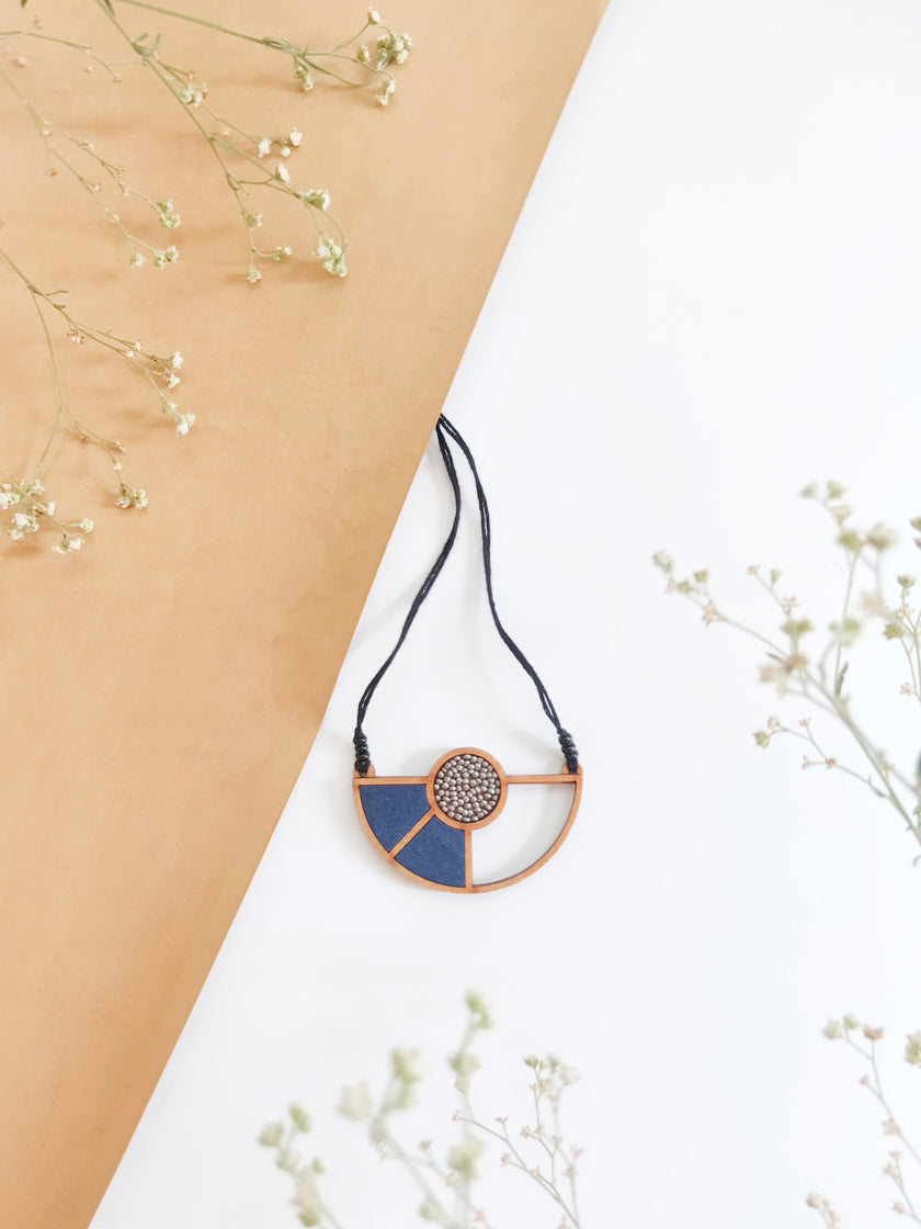 WHE Blue Geometrical Repurposed Fabric and Repurposed Wood Adjustable Pendant Necklace
