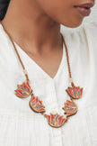 WHE Red Bloom Lotus Repurposed Fabric and Wood Necklace