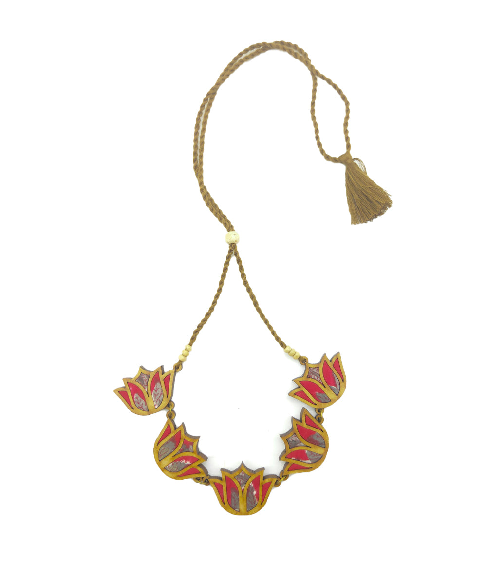 WHE Red Bloom Lotus Repurposed Fabric and Wood Necklace