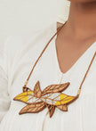 WHE Yellow Bloom Leaf Motif Repurposed Fabric and Wood Necklace