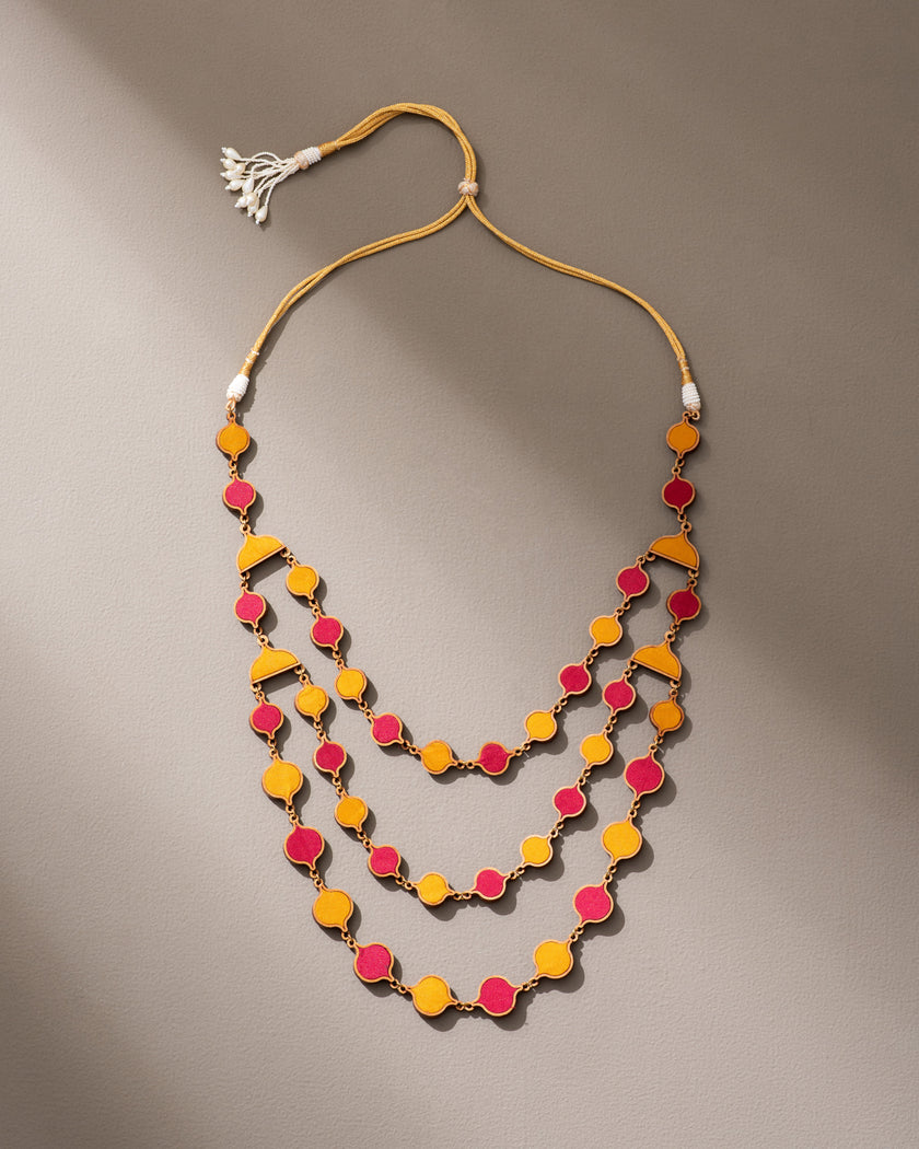 WHE Red Mustard  Festive Repurposed Fabric and Wood Elaborate Necklace