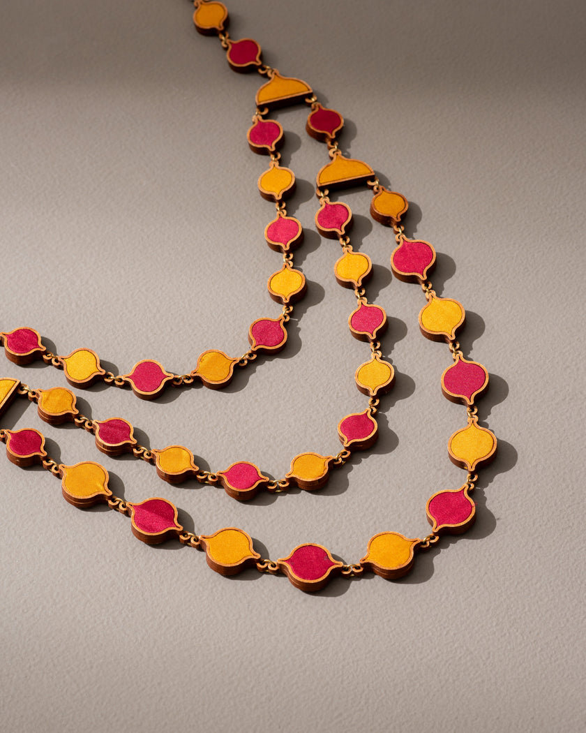 WHE Red Mustard  Festive Repurposed Fabric and Wood Elaborate Necklace