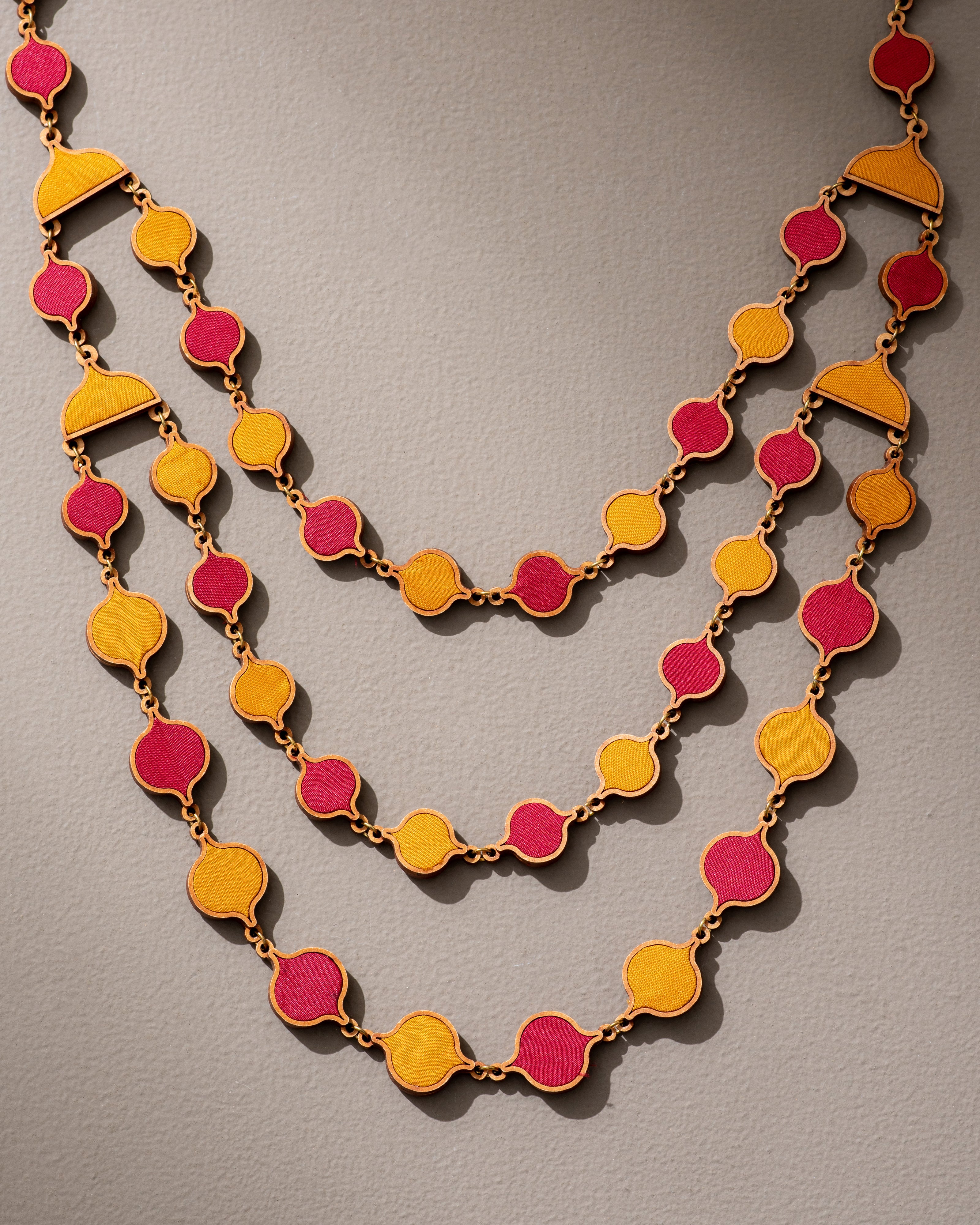WHE Red Mustard  Festive Repurposed Fabric and Wood Elaborate Necklace