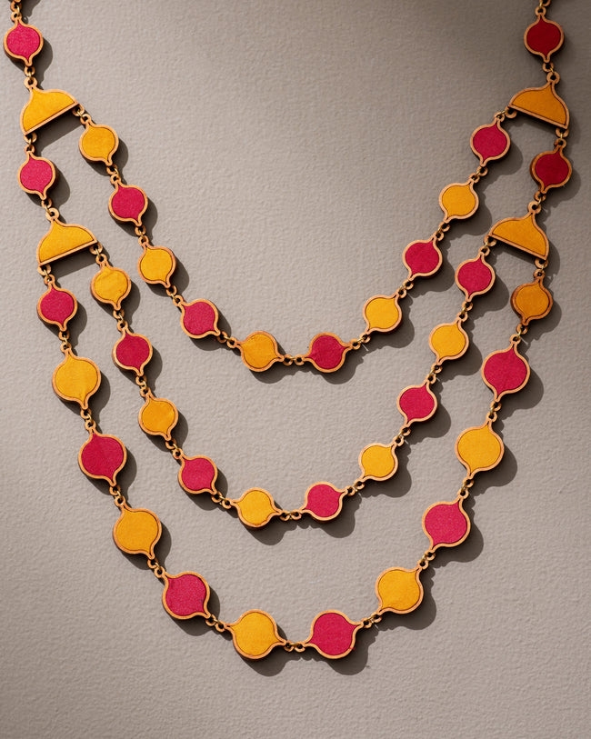 WHE Red Mustard  Festive Repurposed Fabric and Wood Elaborate Necklace