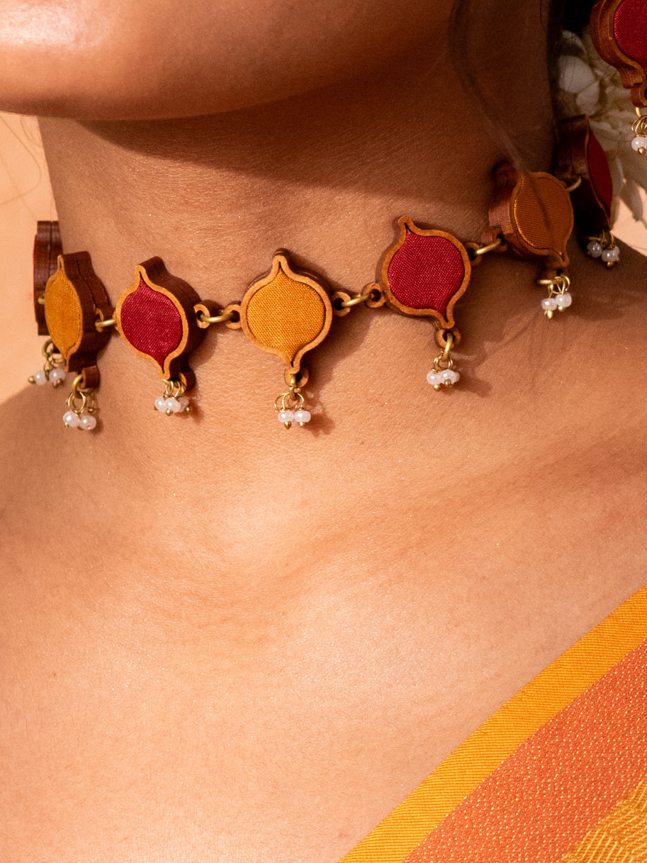 WHE Red Mustard Festive Repurposed Fabric and Wood Choker Necklace