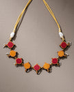 WHE Red Mustard Festive Repurposed Fabric and Wood Choker Necklace