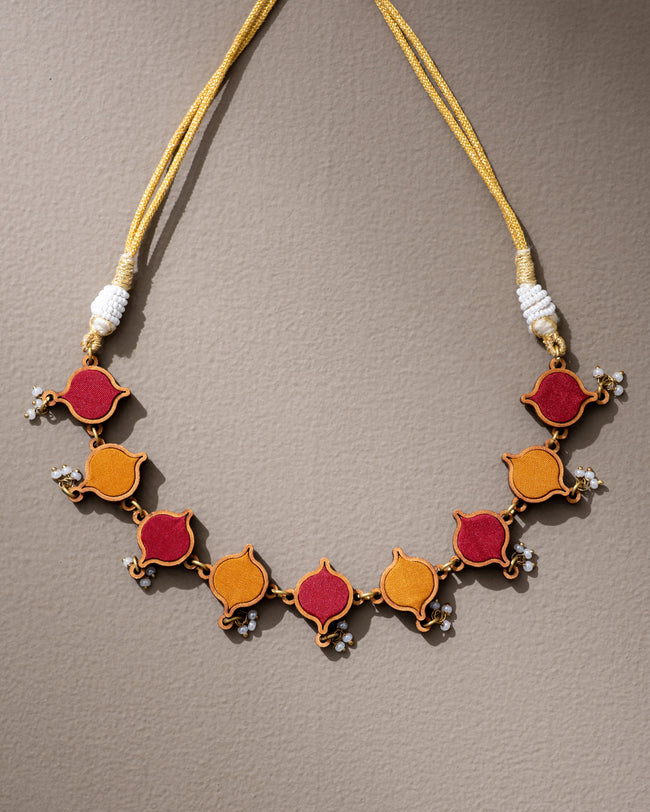 WHE Red Mustard Festive Repurposed Fabric and Wood Choker Necklace