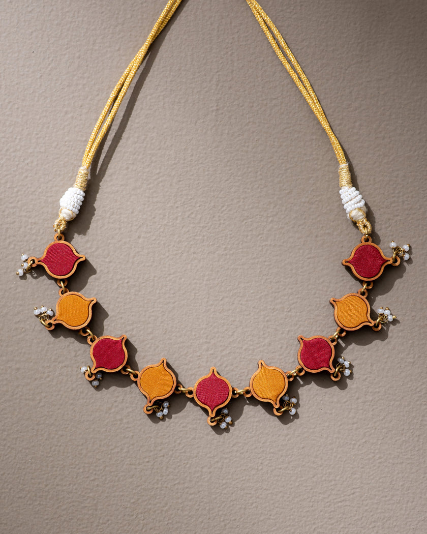 WHE Red Mustard Festive Repurposed Fabric and Wood Choker Necklace