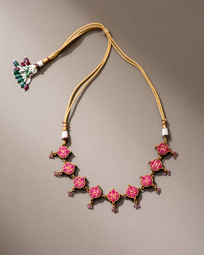 WHE Pink Festive Repurposed Fabric and Wood Choker