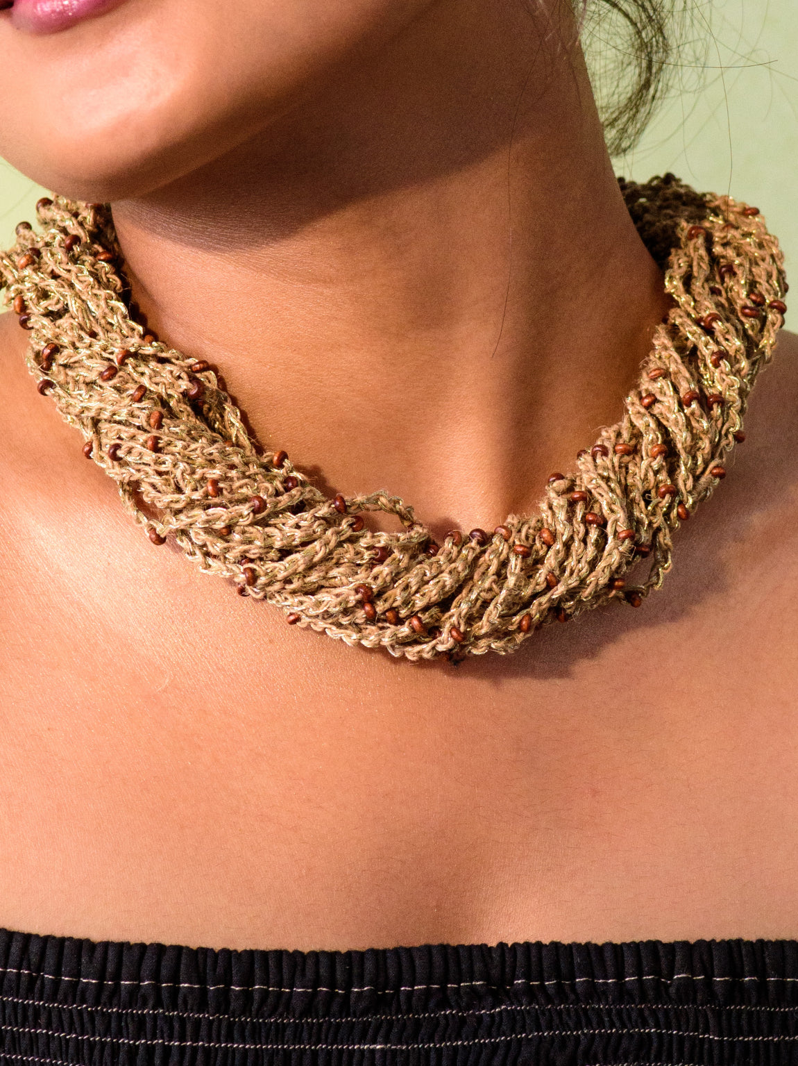 WHE Crocheted Jute and Wooden Bead Multi Strand Adjustable Necklace