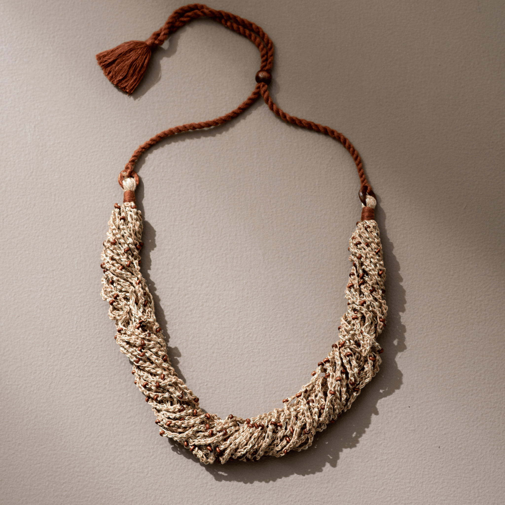 WHE Crocheted Jute and Wooden Bead Multi Strand Adjustable Necklace