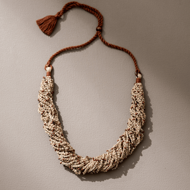 WHE Crocheted Jute and Wooden Bead Multi Strand Adjustable Necklace