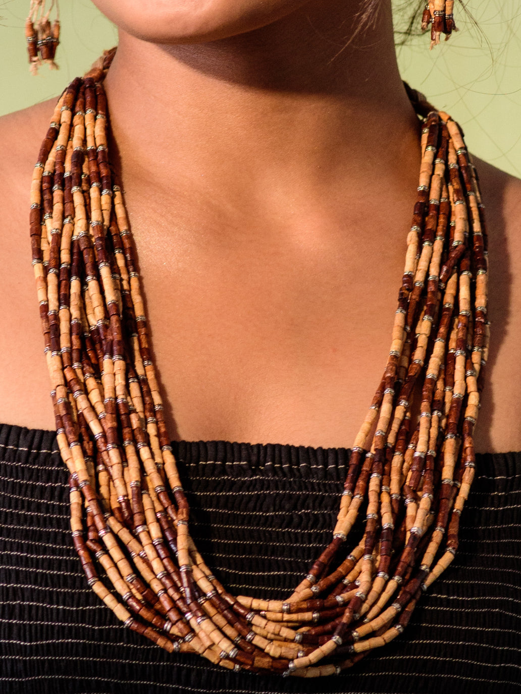 WHE Handmade Multilayer Adjustable Jute, Wooden Beads and Metal Beads Statement Necklace