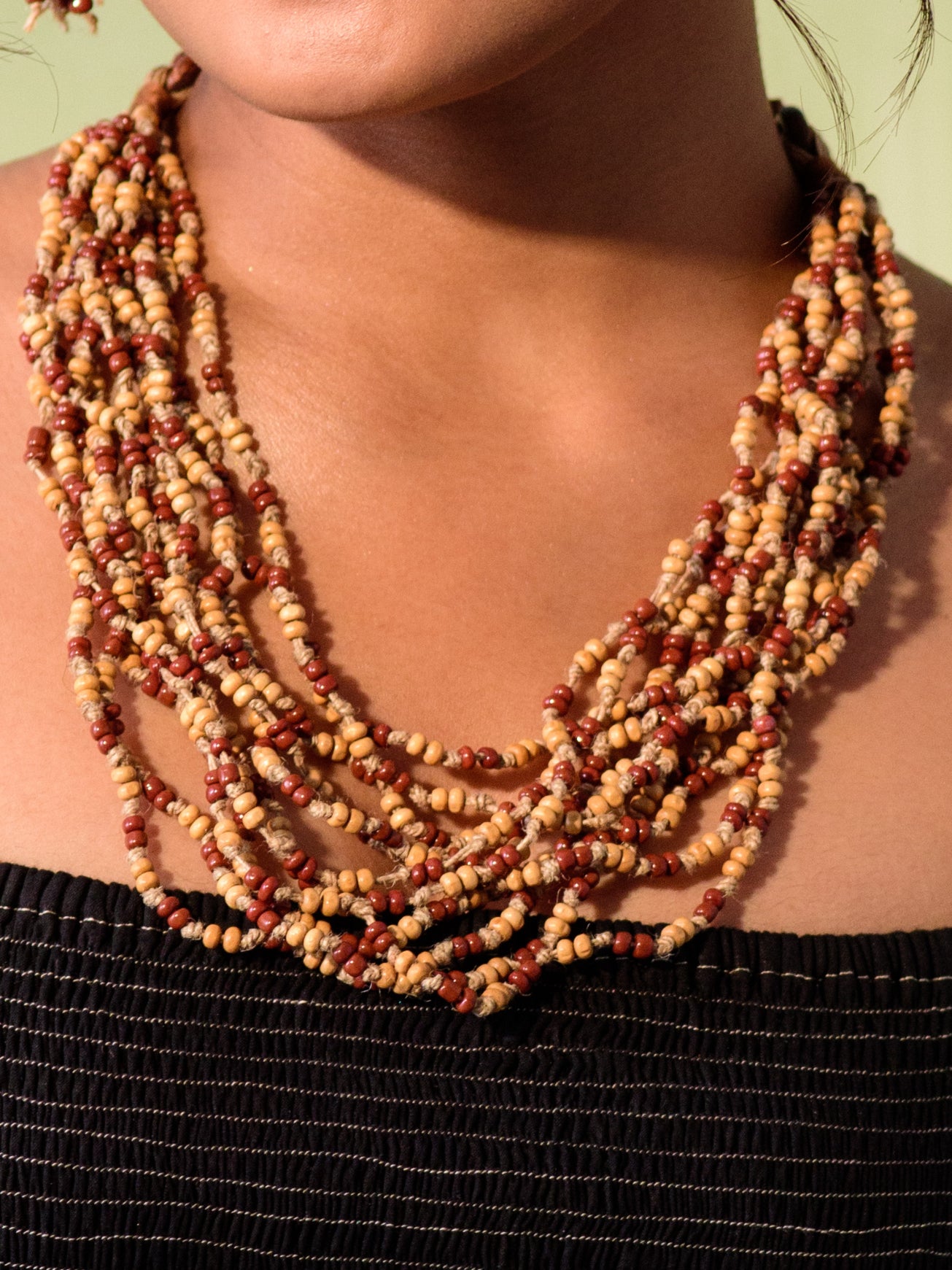 WHE Handmade Multilayer Adjustable Jute, Wooden Beads and Glass Beads Necklace