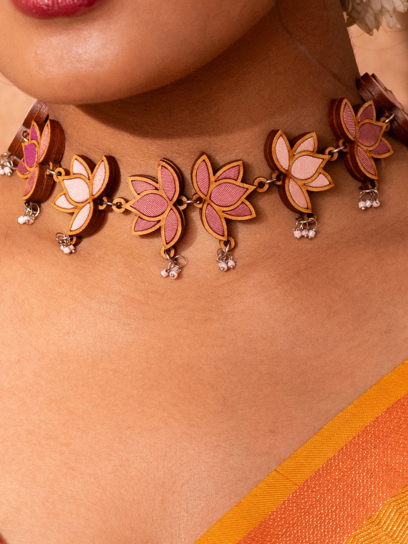 WHE Pink Festive Lotus Upcycled Fabric and Repurposed Wood Statement Choker