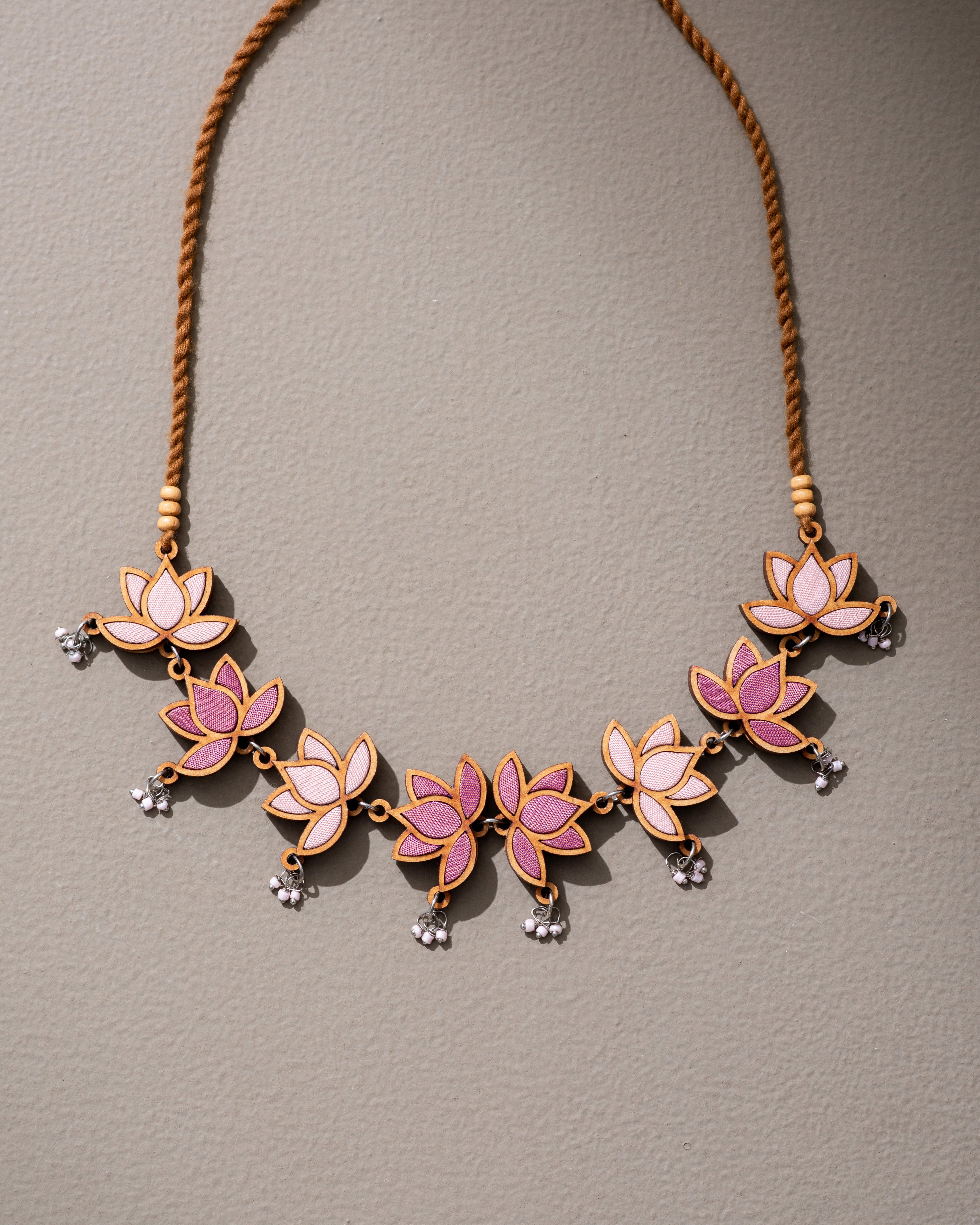 WHE Pink Festive Lotus Upcycled Fabric and Repurposed Wood Statement Choker