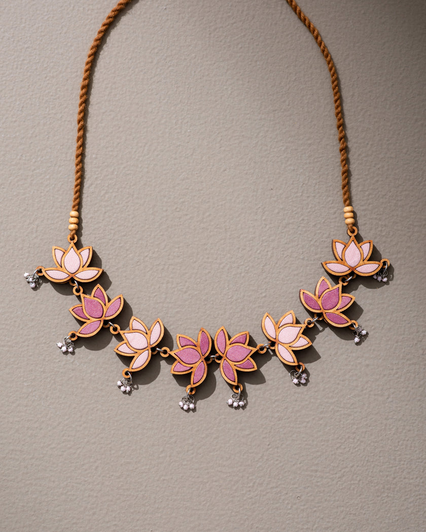 WHE Pink Festive Lotus Upcycled Fabric and Repurposed Wood Statement Choker