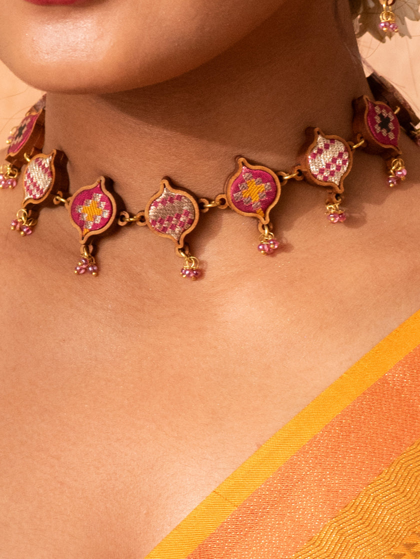 WHE Pink Festive Repurposed Fabric and Wood Choker Necklace