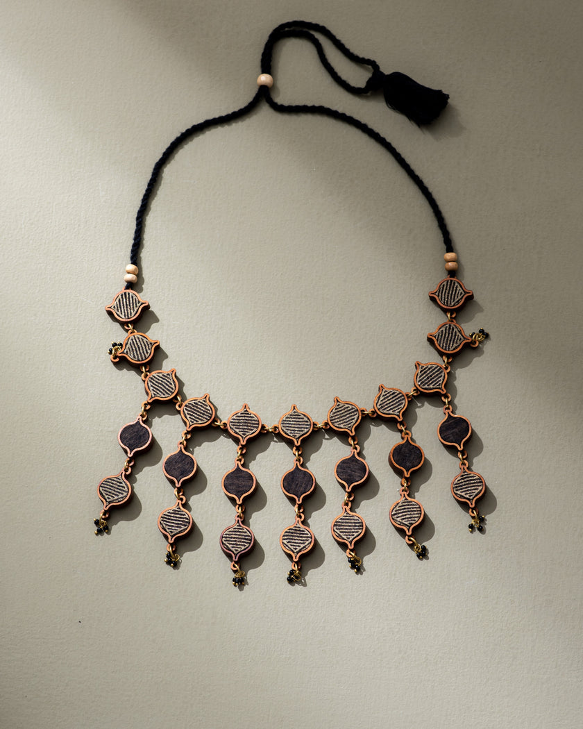 WHE Black and Gold Festive Multi Layered Repurposed Fabric and Wood Necklace