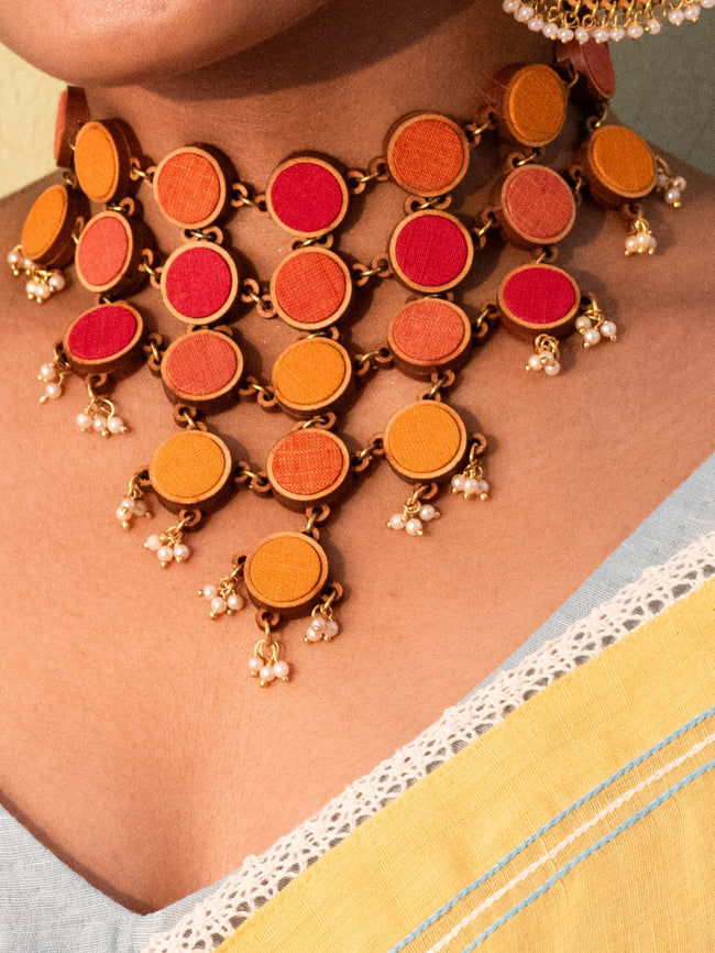WHE Red and Orange Repurposed Fabric and Wood Adjustable Statement Necklace