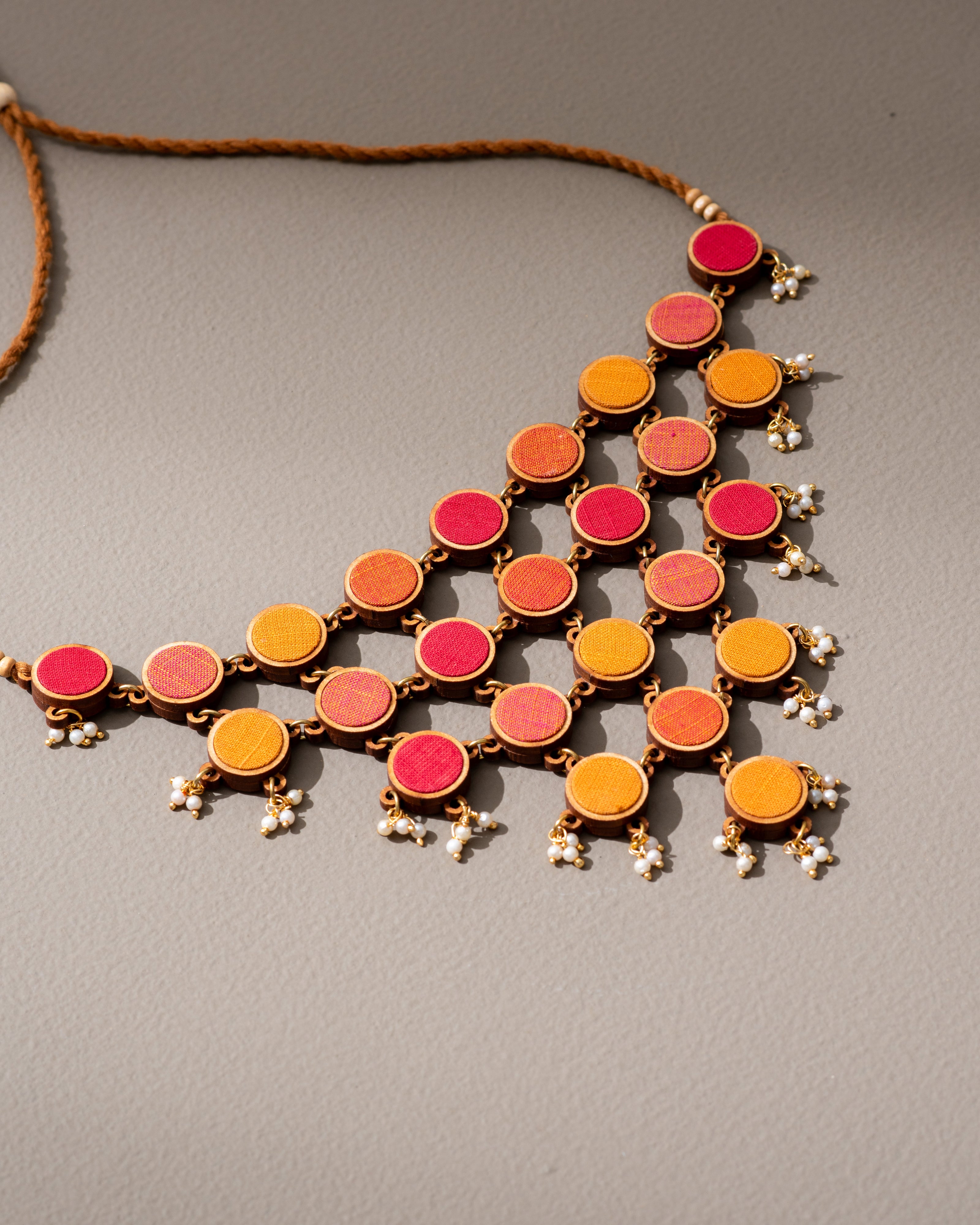 WHE Red and Orange Repurposed Fabric and Wood Adjustable Statement Necklace