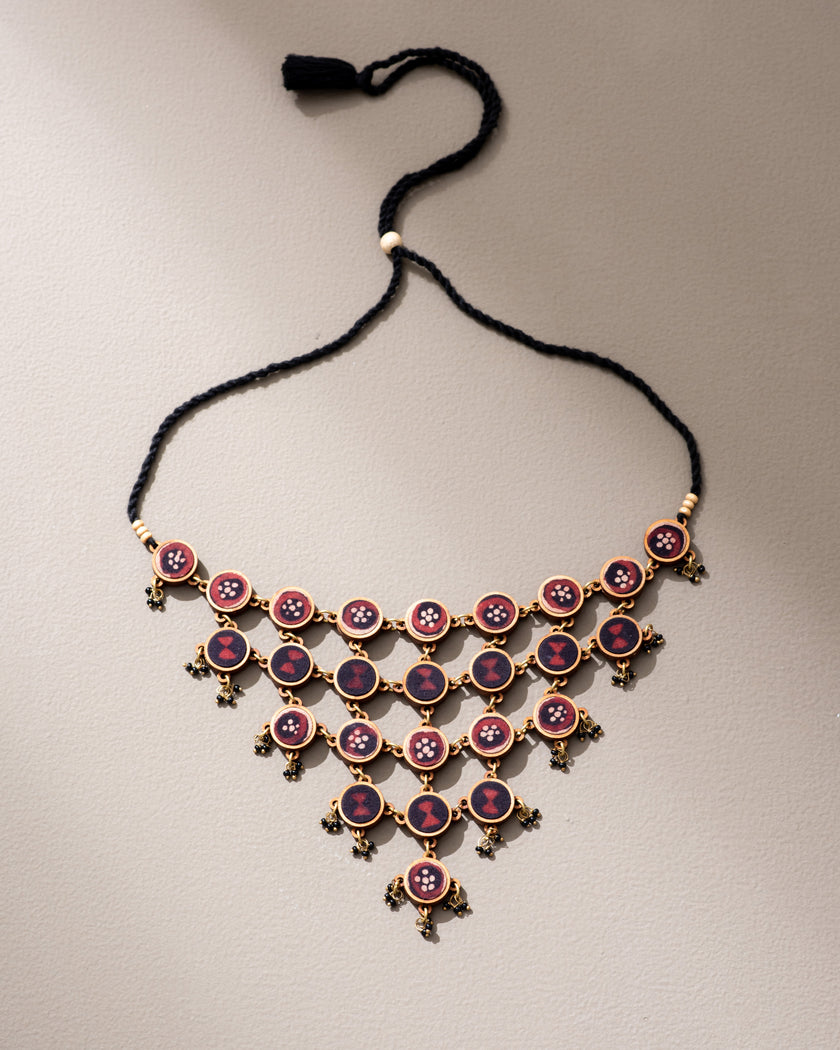 WHE Red and Black Repurposed Fabric and Wood Adjustable Statement Necklace