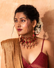 WHE Red and Gold Festive Multi Layered Repurposed Fabric and Wood Necklace