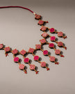 WHE Red and Gold Festive Multi Layered Repurposed Fabric and Wood Necklace