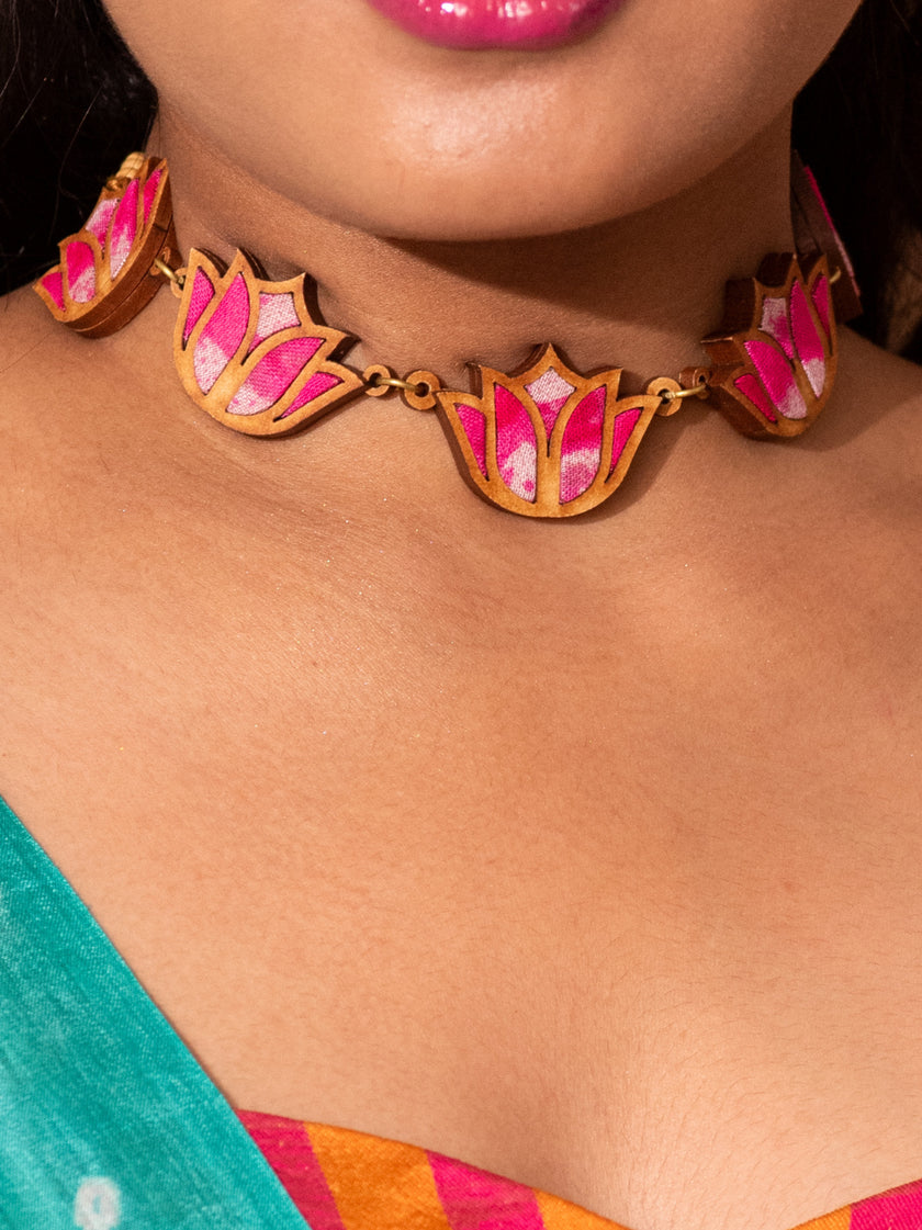 Whe Shades of Pink Bloom Lotus Repurposed Fabric and Wood Necklace