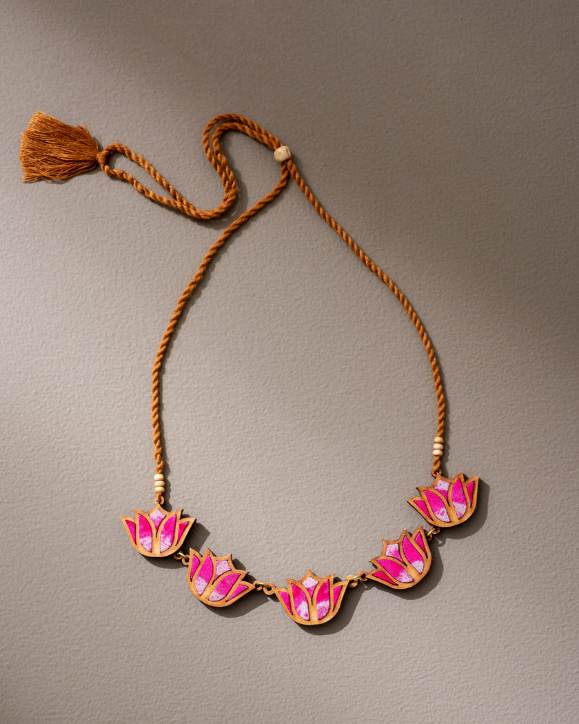 Whe Shades of Pink Bloom Lotus Repurposed Fabric and Wood Necklace