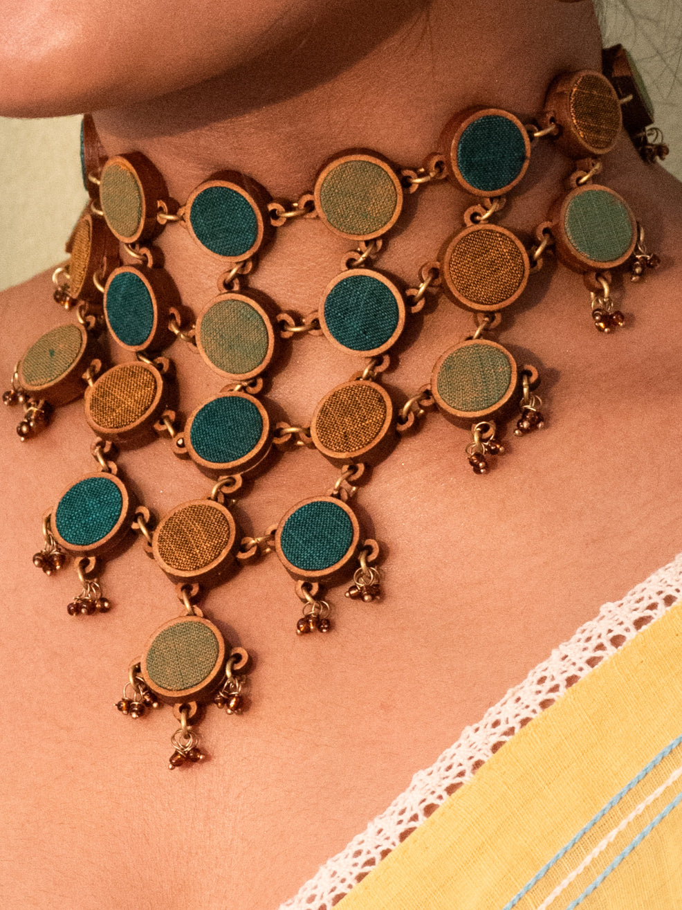 WHE Shades of Green Repurposed Fabric and Wood Adjustable Statement Necklace