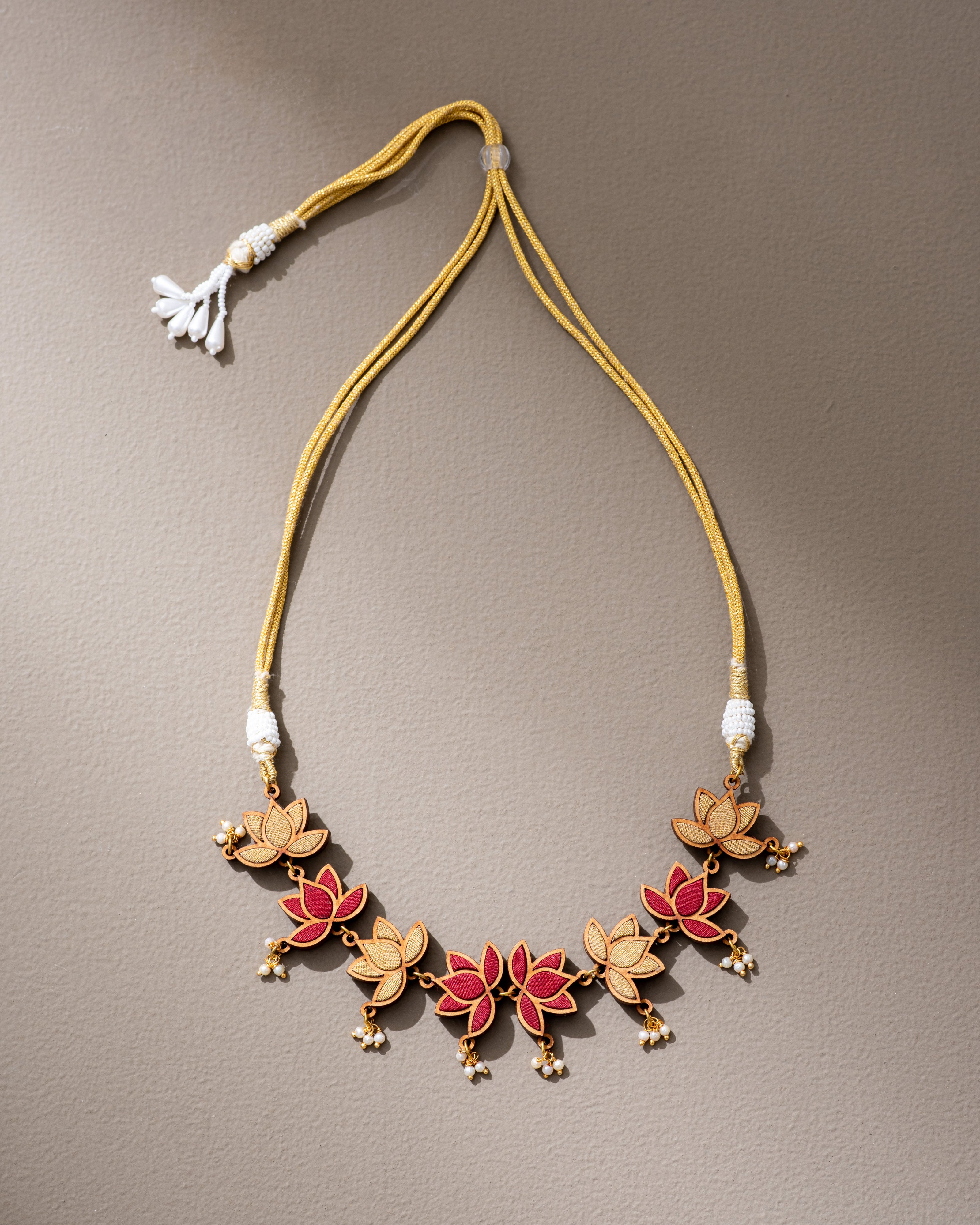 WHE Red and Gold Festive Lotus Repurposed Fabric and Wood Statement Choker