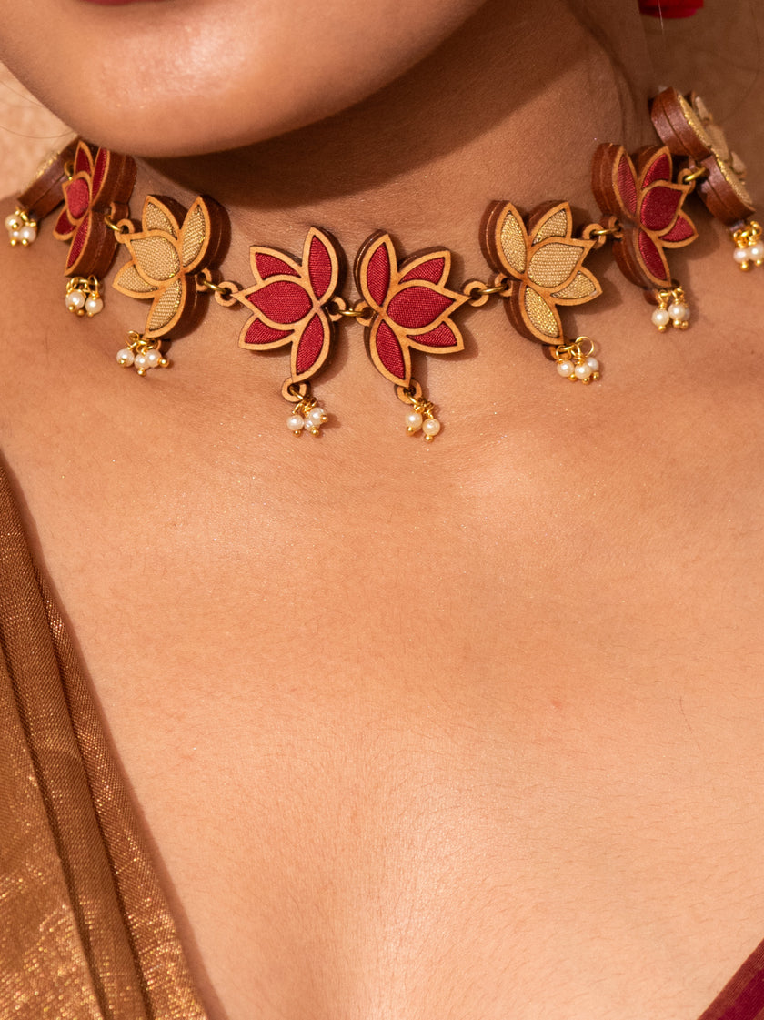 WHE Red and Gold Festive Lotus Repurposed Fabric and Wood Statement Choker