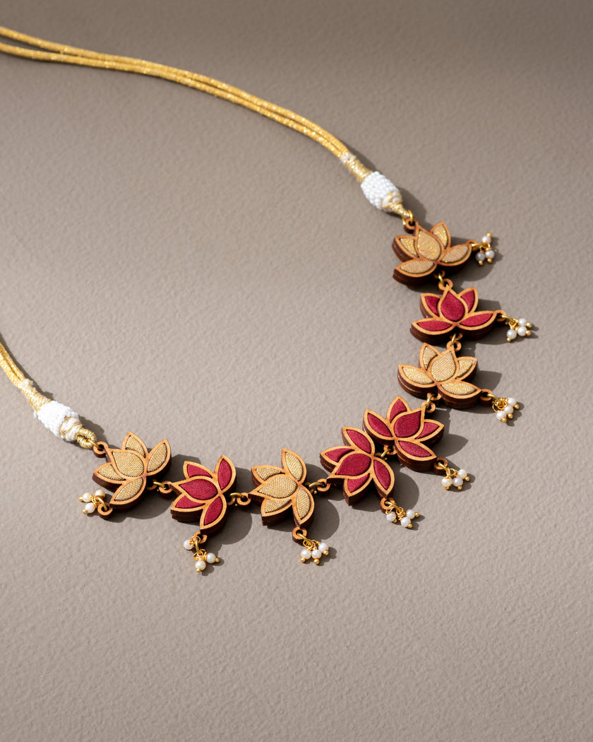 WHE Red and Gold Festive Lotus Repurposed Fabric and Wood Statement Choker