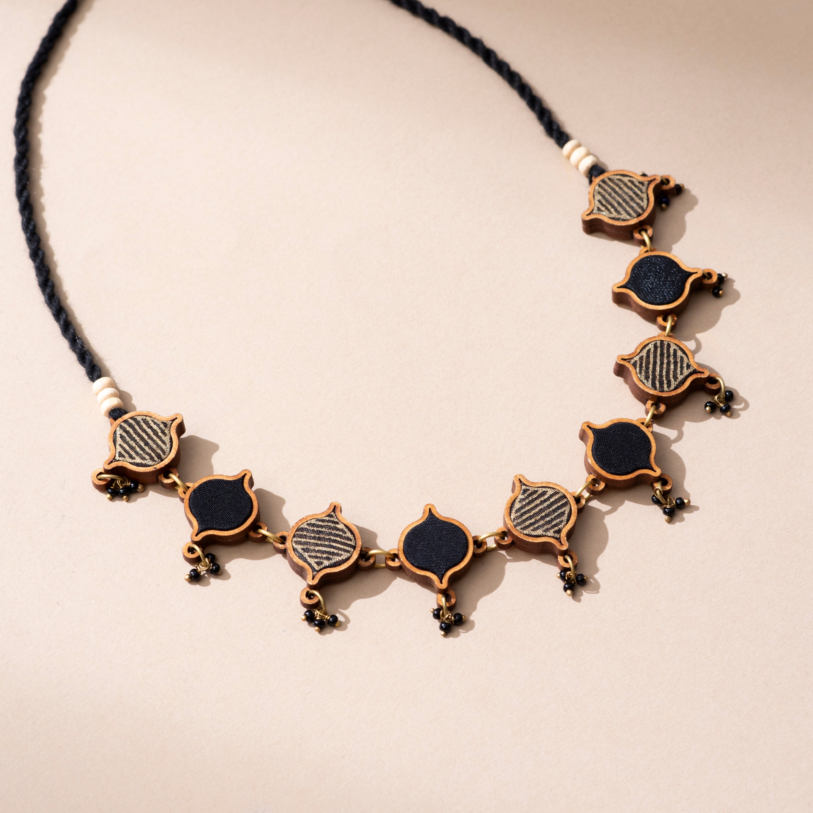 WHE Black Festive Repurposed Fabric and Wood Choker Necklace