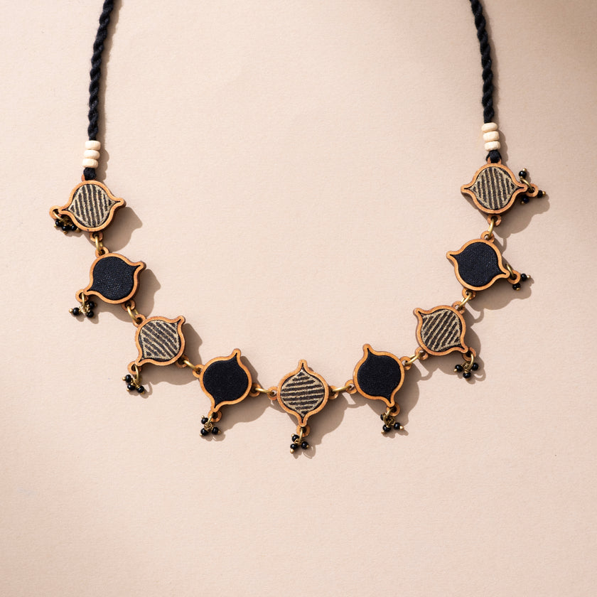 WHE Black Festive Repurposed Fabric and Wood Choker Necklace