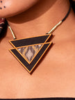 WHE Brown Repurposed Fabric and Wood Triangular Necklace