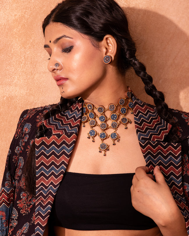 WHE Blue Ajrakh Repurposed Fabric and Wood Adjustable Statement Necklace