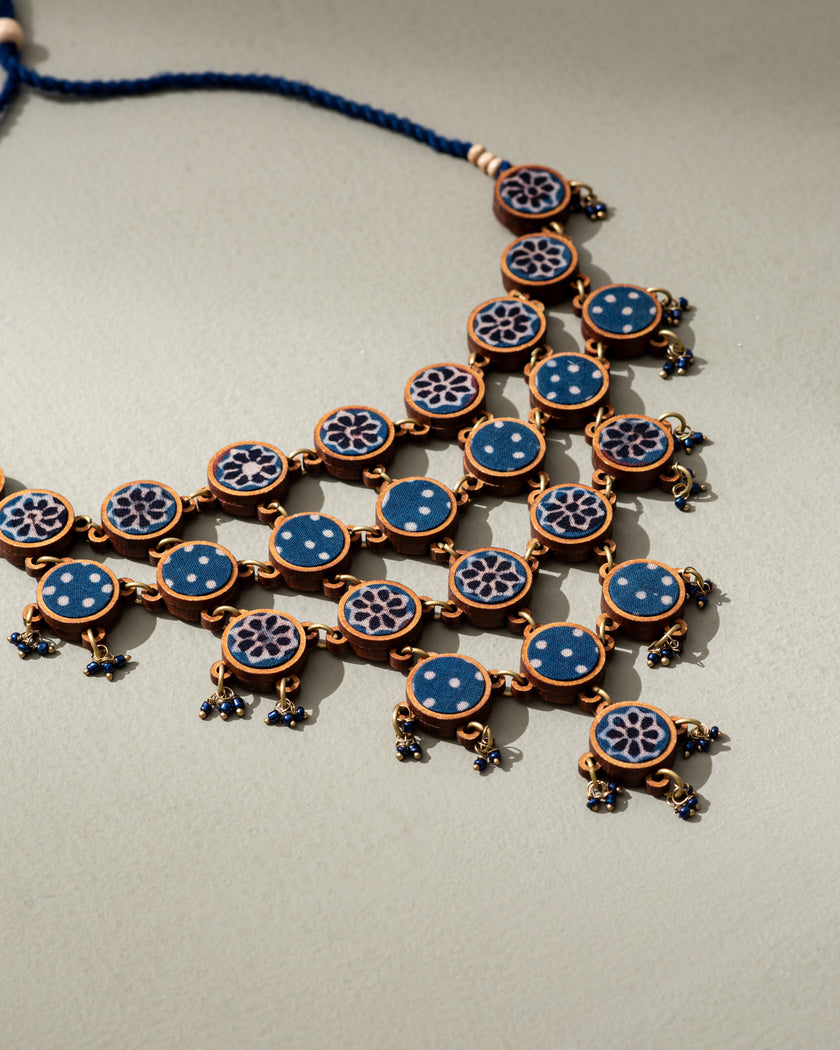WHE Blue Ajrakh Repurposed Fabric and Wood Adjustable Statement Necklace