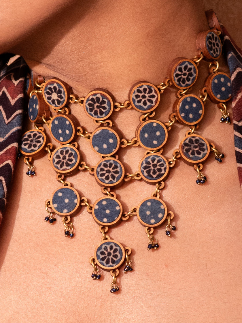 WHE Blue Ajrakh Repurposed Fabric and Wood Adjustable Statement Necklace
