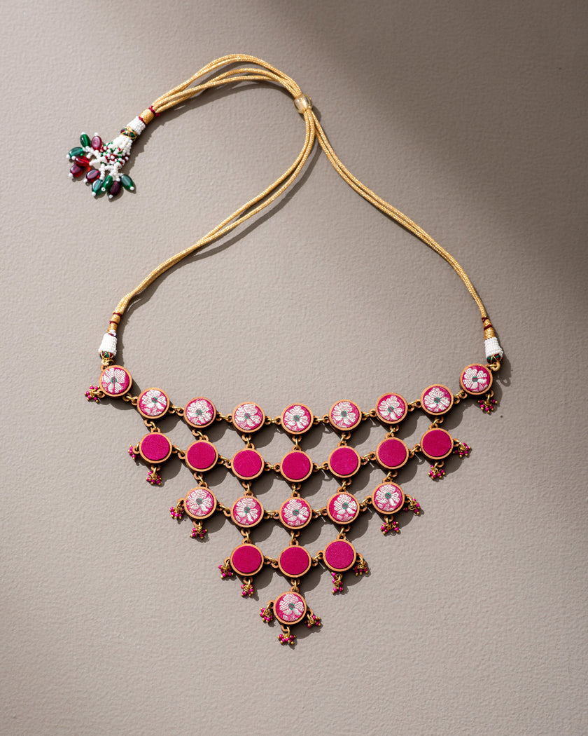 WHE Pink Pure Banarasi Repurposed Fabric and Wood Adjustable Statement Necklace