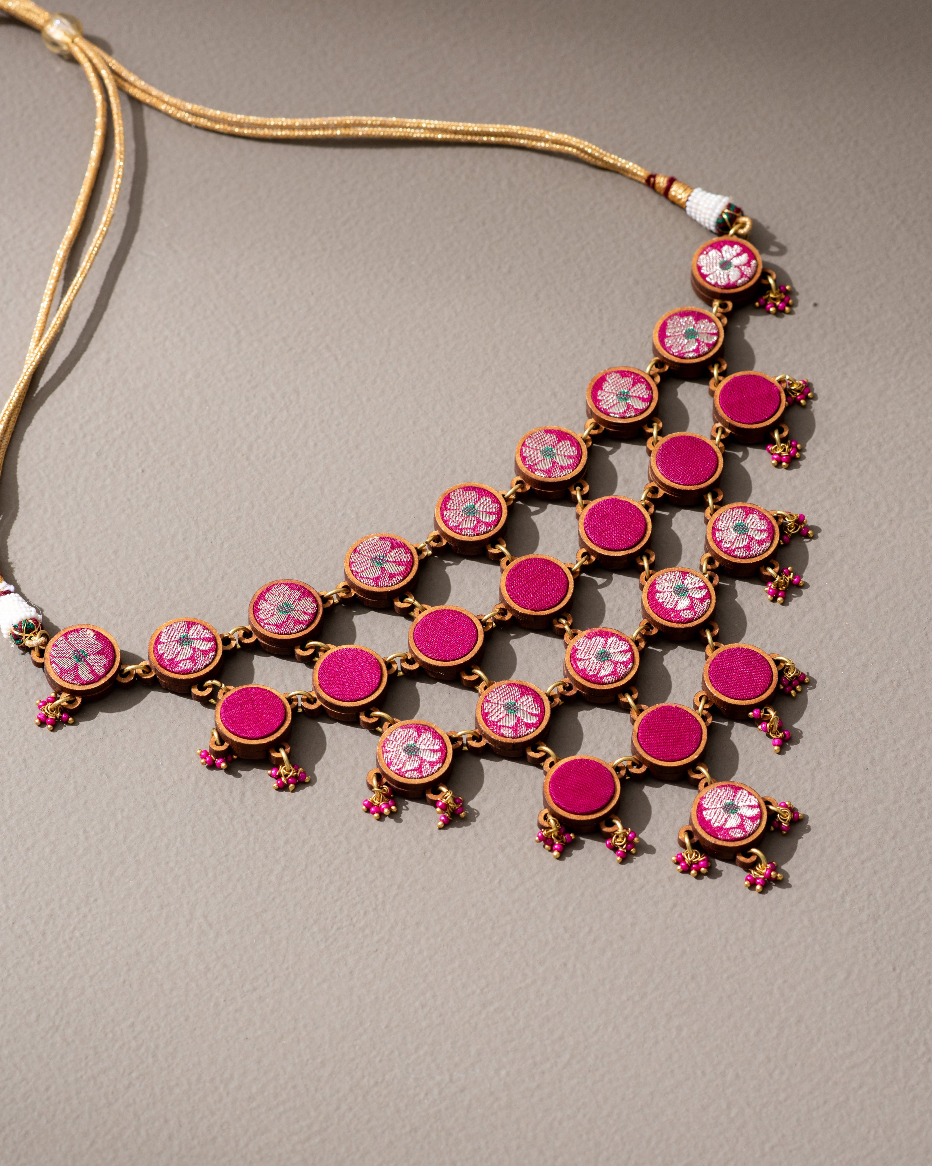 WHE Pink Pure Banarasi Repurposed Fabric and Wood Adjustable Statement Necklace