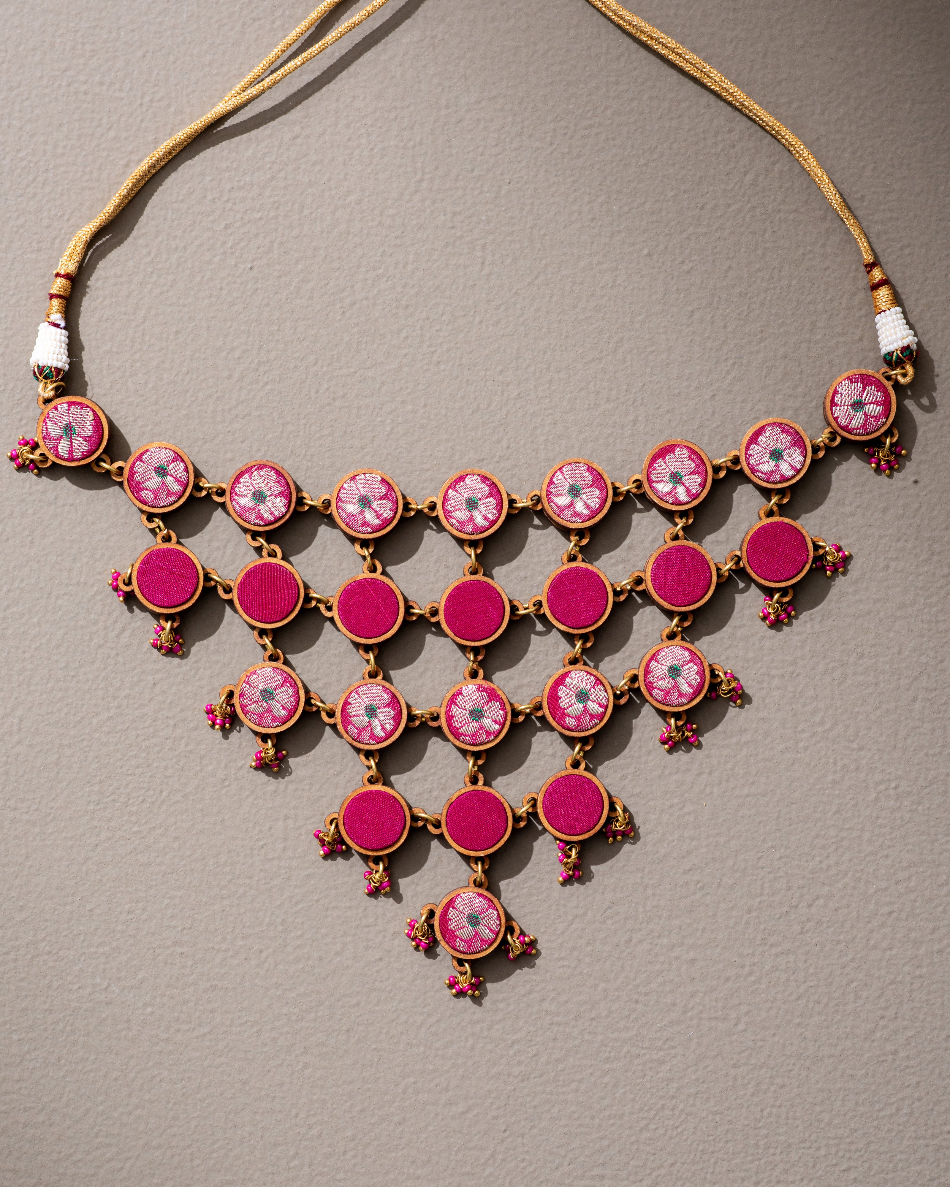 WHE Pink Pure Banarasi Repurposed Fabric and Wood Adjustable Statement Necklace