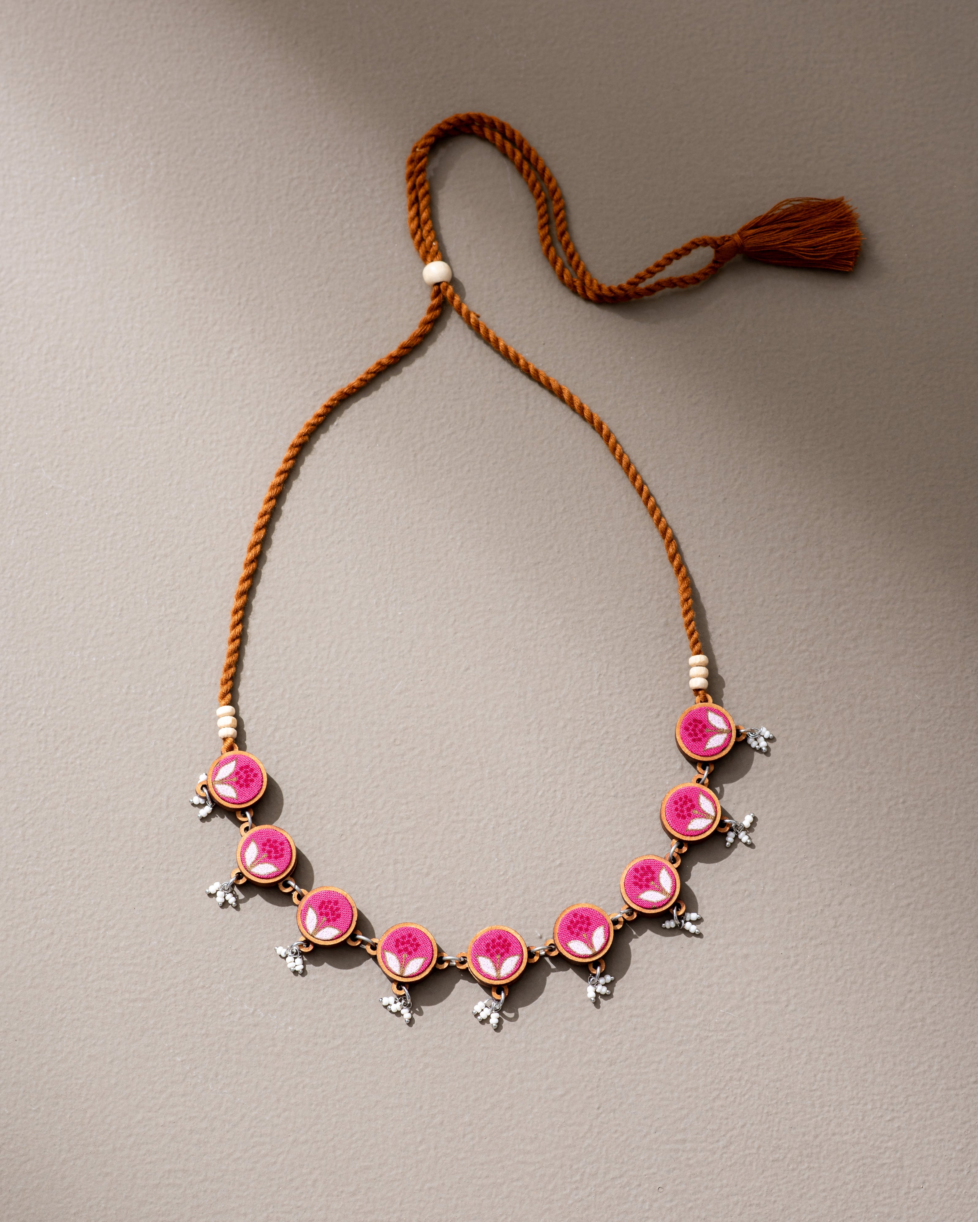 WHE Pink Repurposed Fabric and Wood Flower Choker Necklace