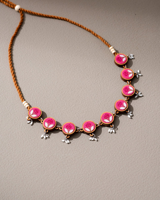 WHE Pink Repurposed Fabric and Wood Flower Choker Necklace