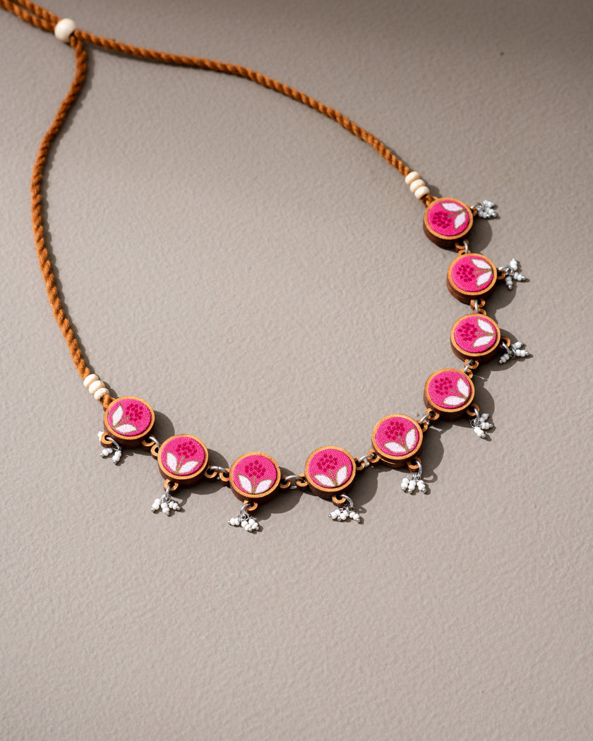 WHE Pink Repurposed Fabric and Wood Flower Choker Necklace