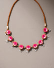 WHE Pink Repurposed Fabric and Wood Flower Choker Necklace